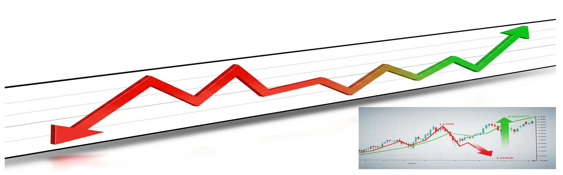 Financial graph with a red arrow pointing down and a green arrow pointing up, representing stop-loss and take-profit