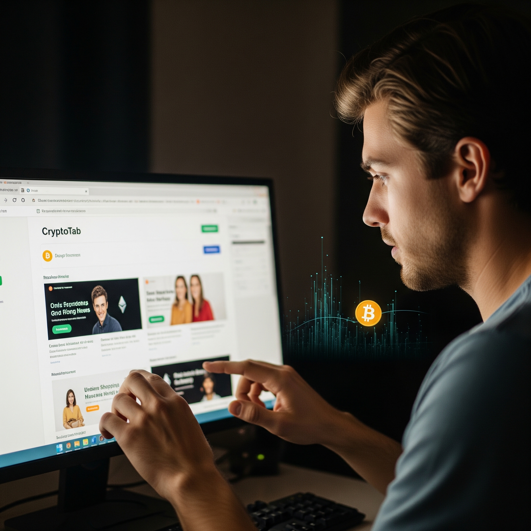 Person browsing the internet on CryptoTab browser while Bitcoin is mined in the background