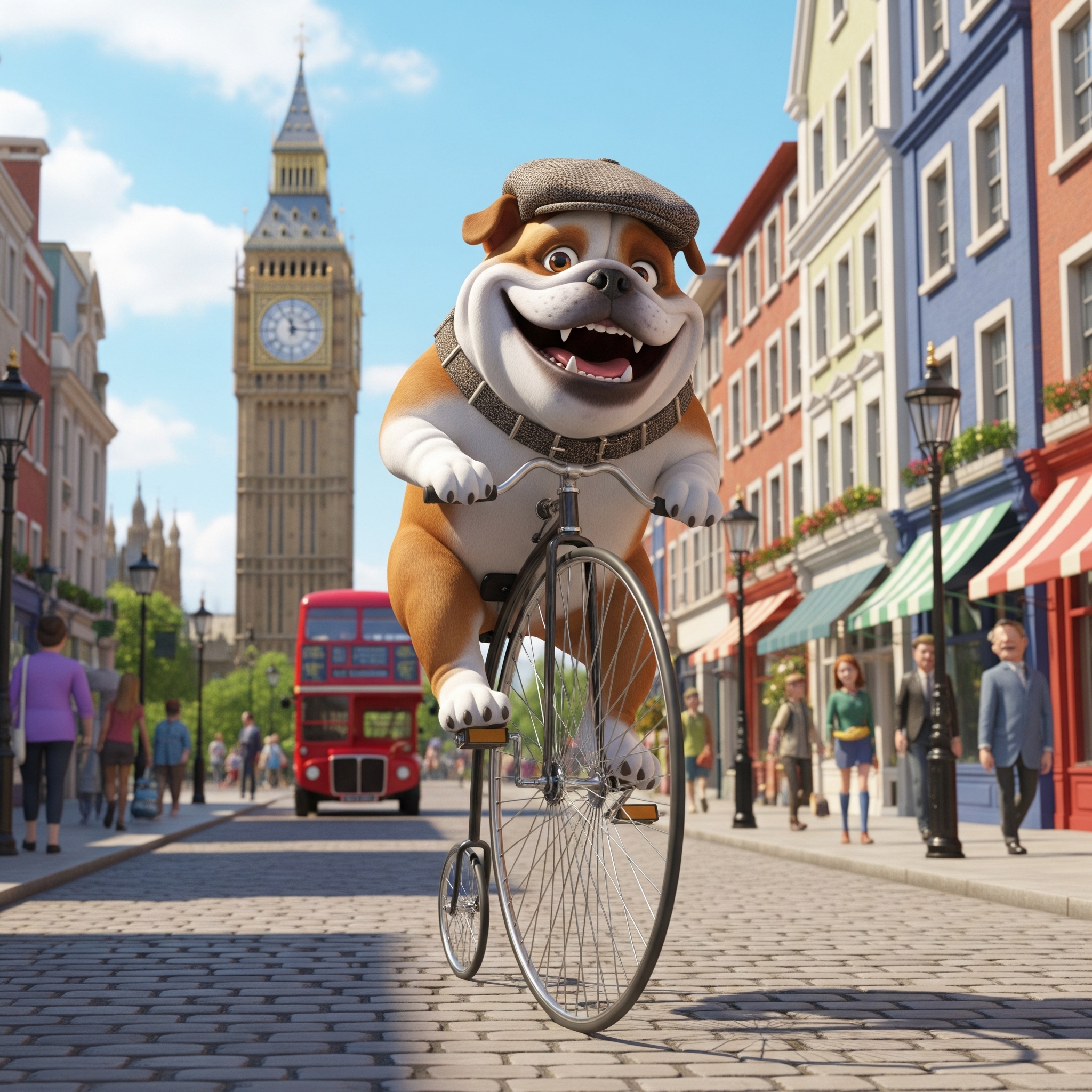 Cartoon British bulldog in a flat cap riding a bicycle in London.