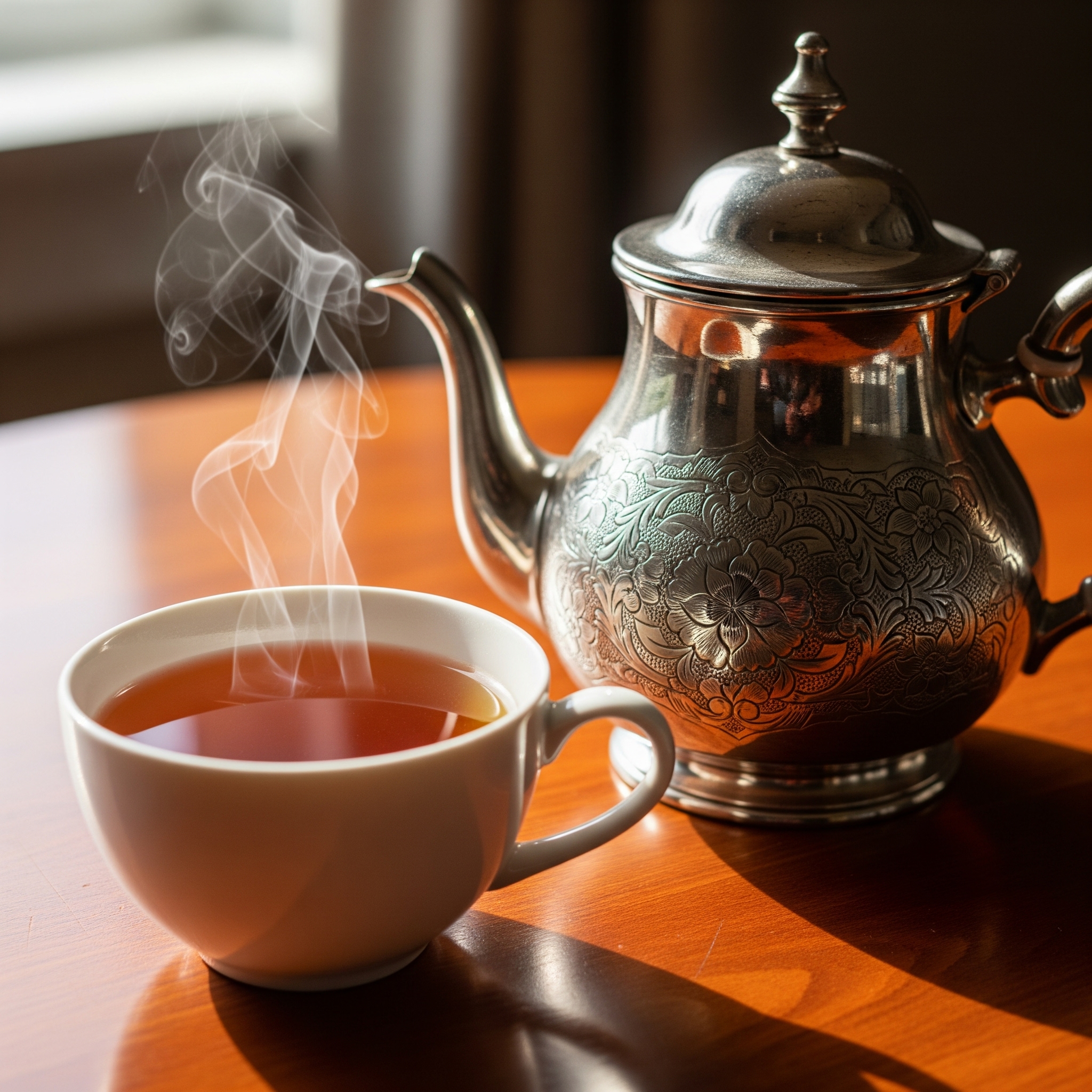 Photorealistic close-up of Earl Grey tea and vintage teapot.